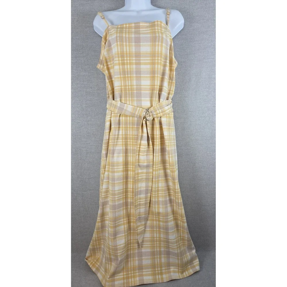 Ann‎ Taylor Yellow Plaid A-Line Square Neck Dress 16 Belted Cottagecore Peasant